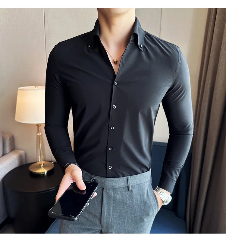 Men Dress Shirt 2025 Autumn British Style Solid Casual Slim Fit