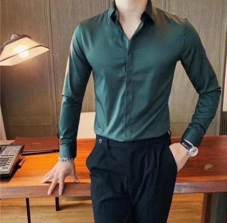 Men's Shirt And Blouse Business Green Long Sleeve Male Top Plain