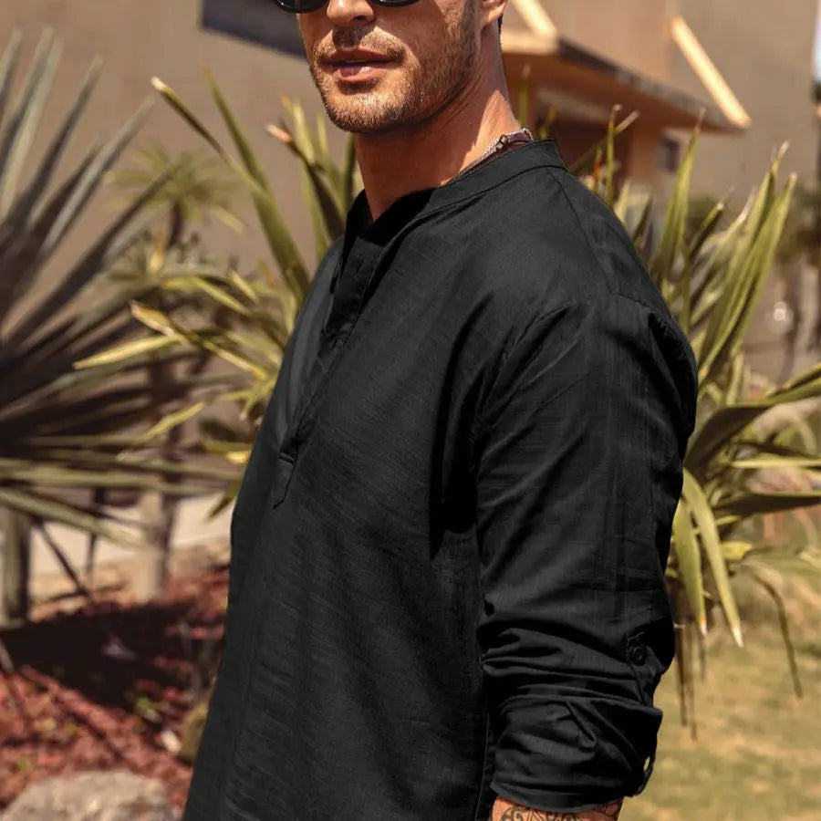 Men's Casual Blouse Cotton Linen Shirt Loose Tops Long Sleeve