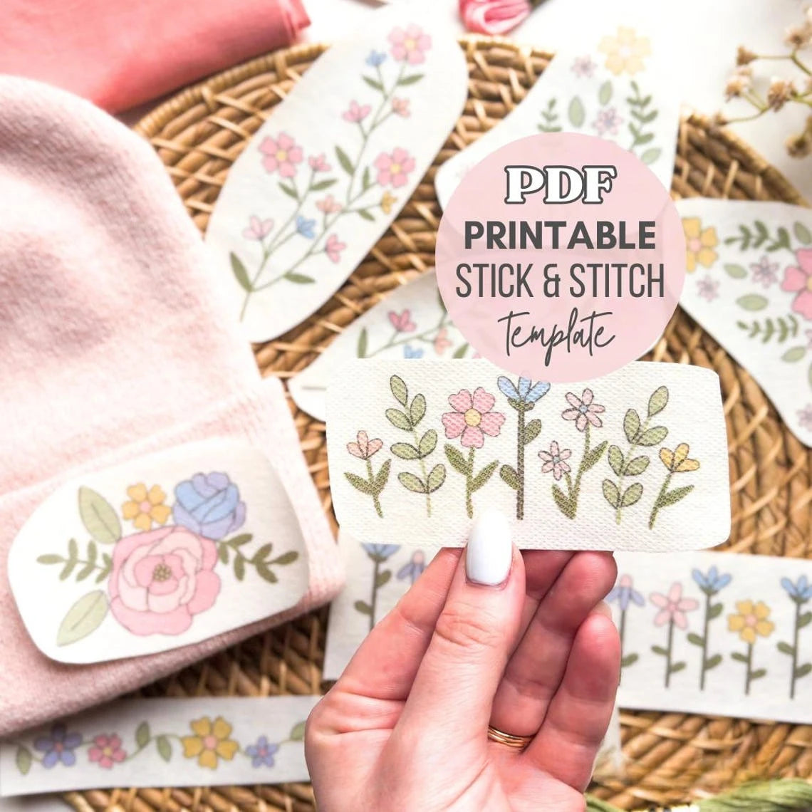 Hand Sewing Self Adhesive Water Soluble Washable Stabilizer with Pre-Printed Flowers Graphic for Beginner Embroidery Hand Sewing