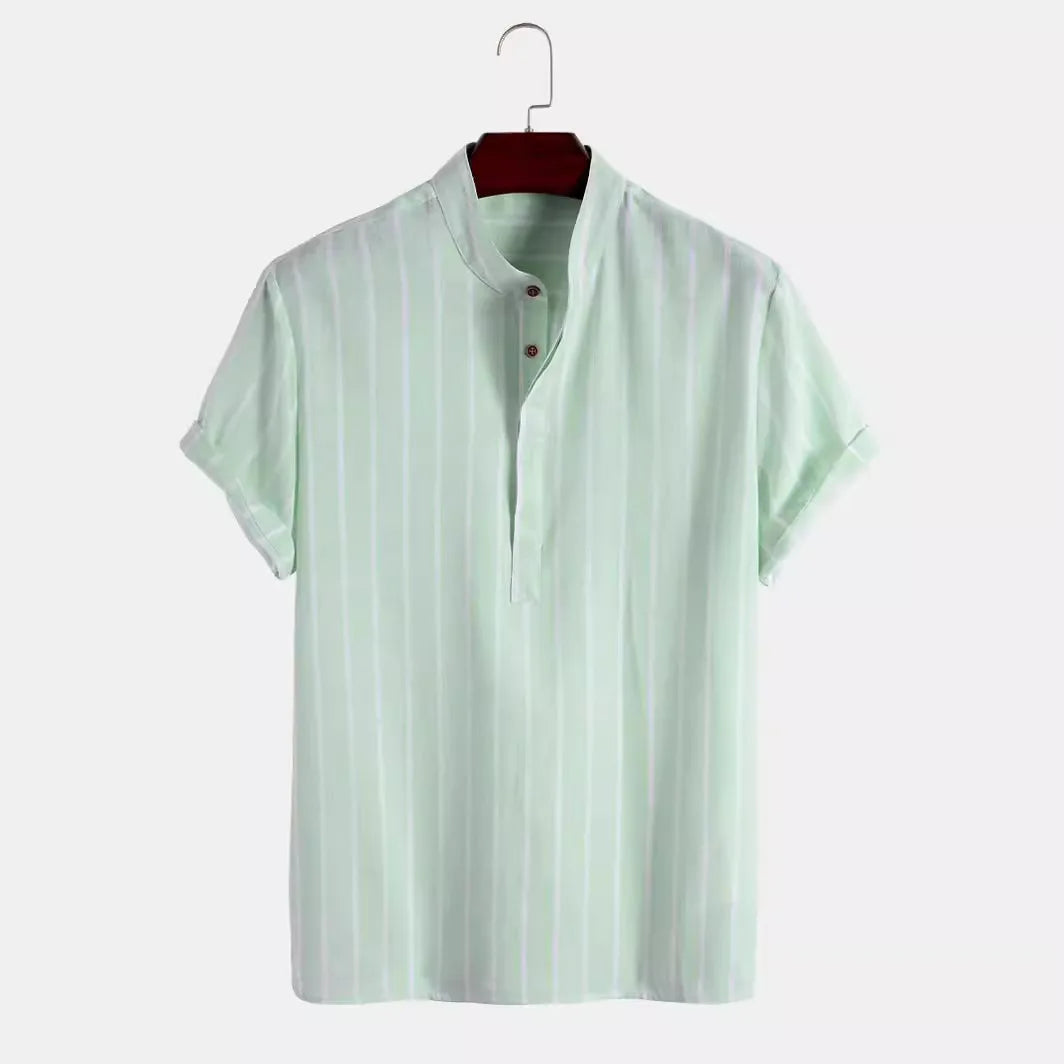 Men Fashion Striped Shirt Short Sleeve Casual Linen Shirts