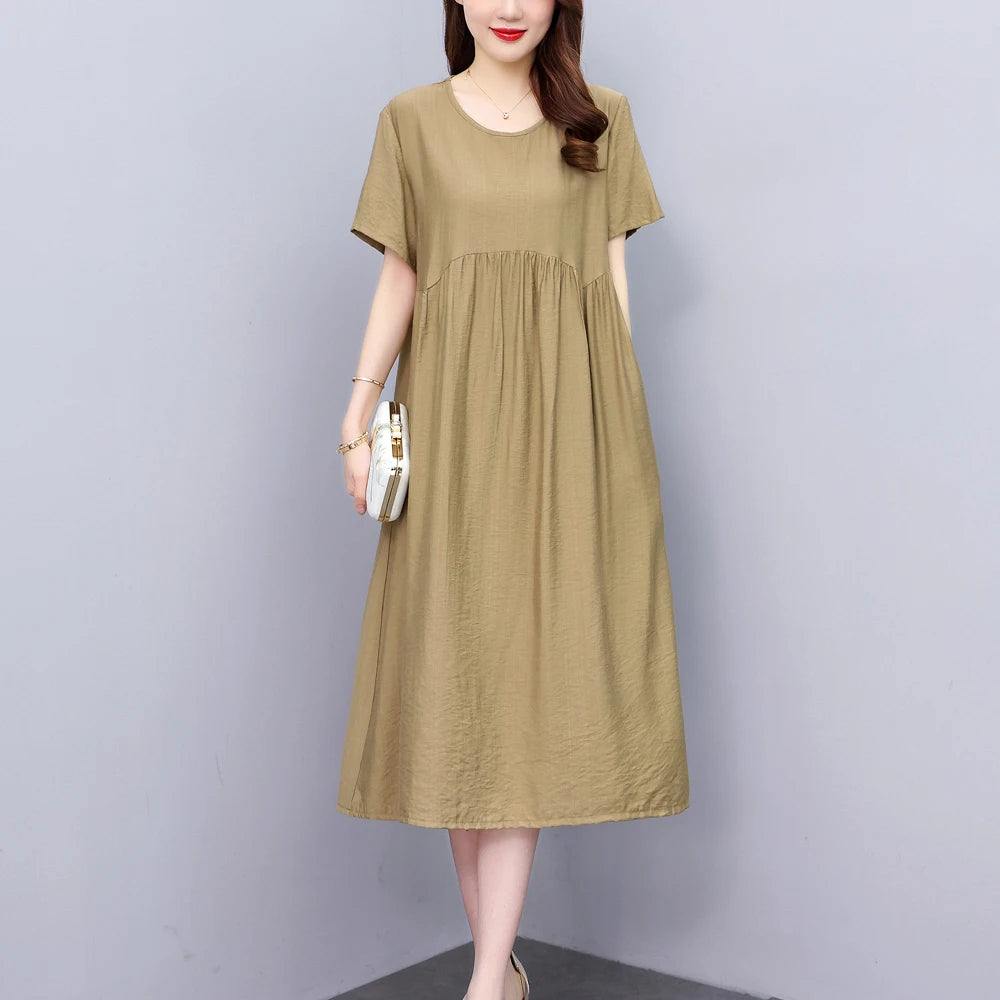 Vintage Elegant Short Sleeve Solid Women Dress O-Neck Dresses