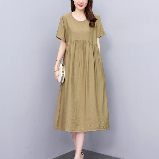 Vintage Elegant Short Sleeve Solid Women Dress O-Neck Dresses