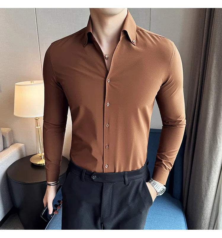 Men Dress Shirt 2025 Autumn British Style Solid Casual Slim Fit