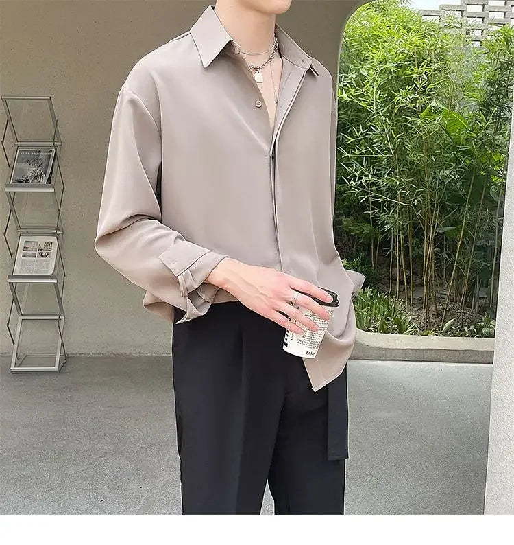 Men's Clothing Gray Chiffon Shirt Spring Fall Korean Style Loose Fit