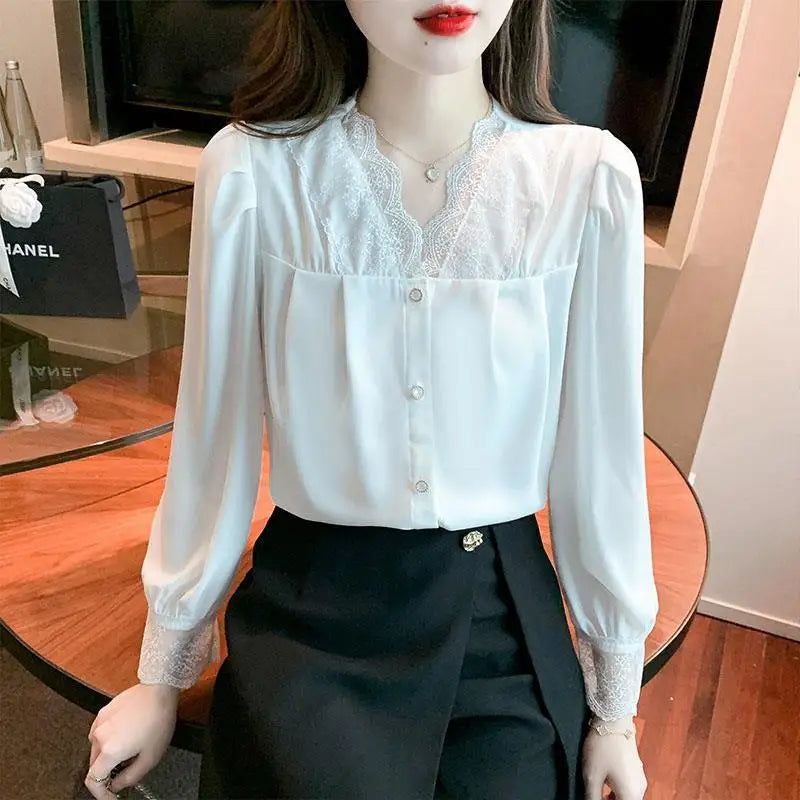 White Chiffon Blouse Spring New V-Neck