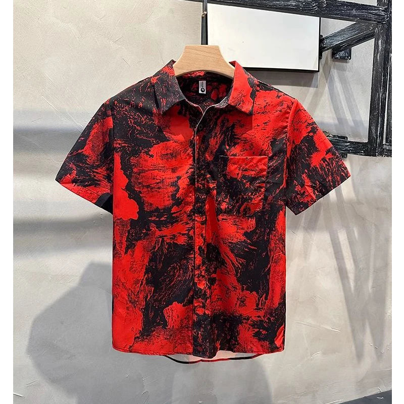 Vintage Print Button Up Shirt Casual Streetwear Y2K Short Sleeve
