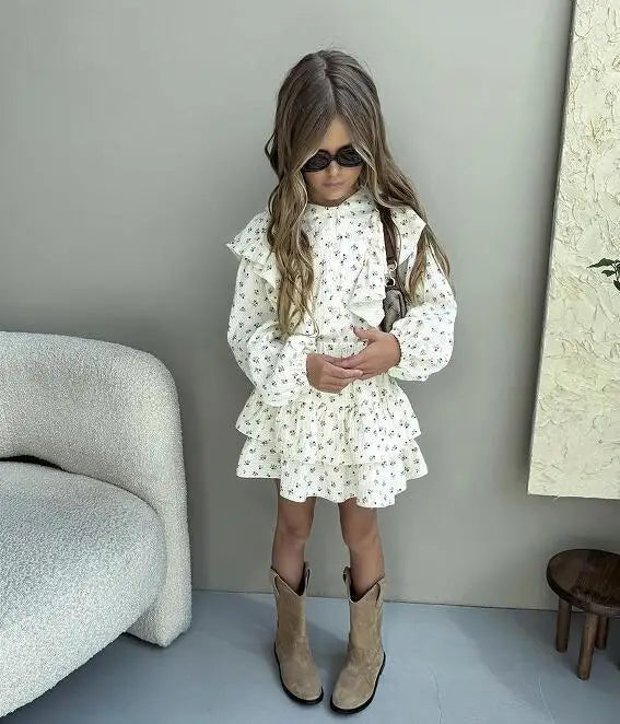 Girl's Dress Autumn Floral Lace Shirt+Cake Skirt Two-piece Set