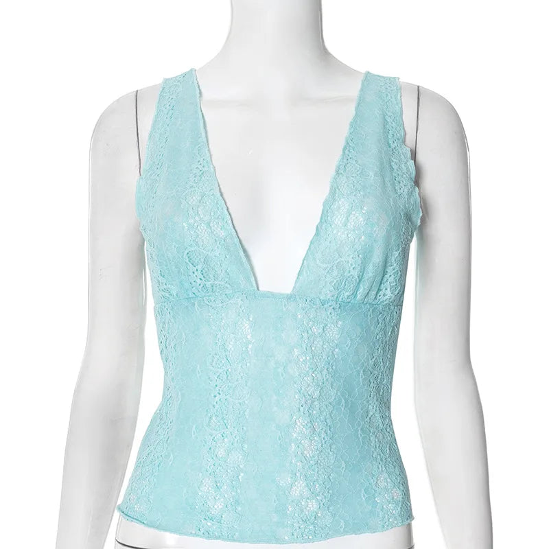 Sexy Deep V-neck See-through Sleeveless Blue T Shirt