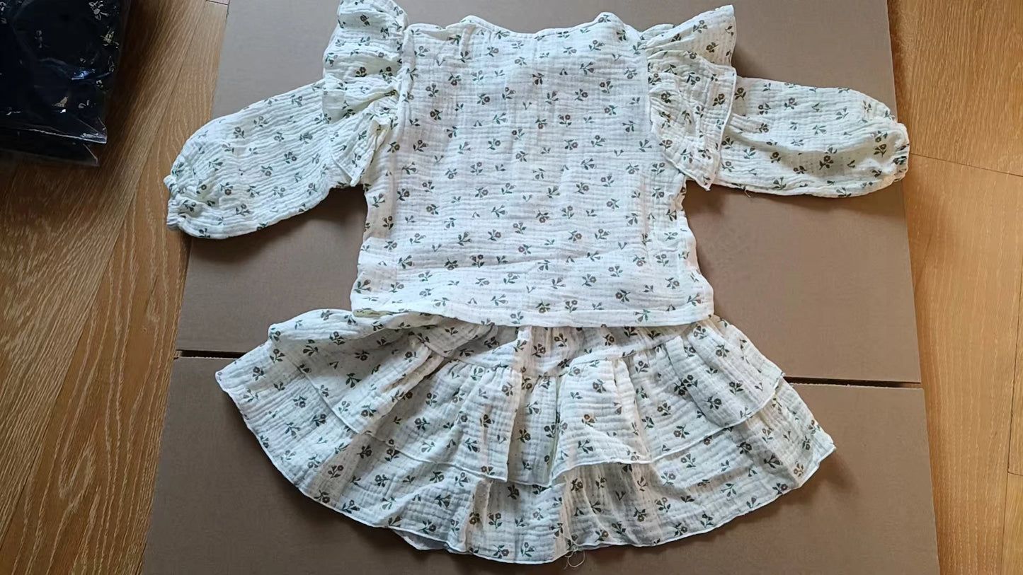 Girl's Dress Autumn Floral Lace Shirt+Cake Skirt Two-piece Set