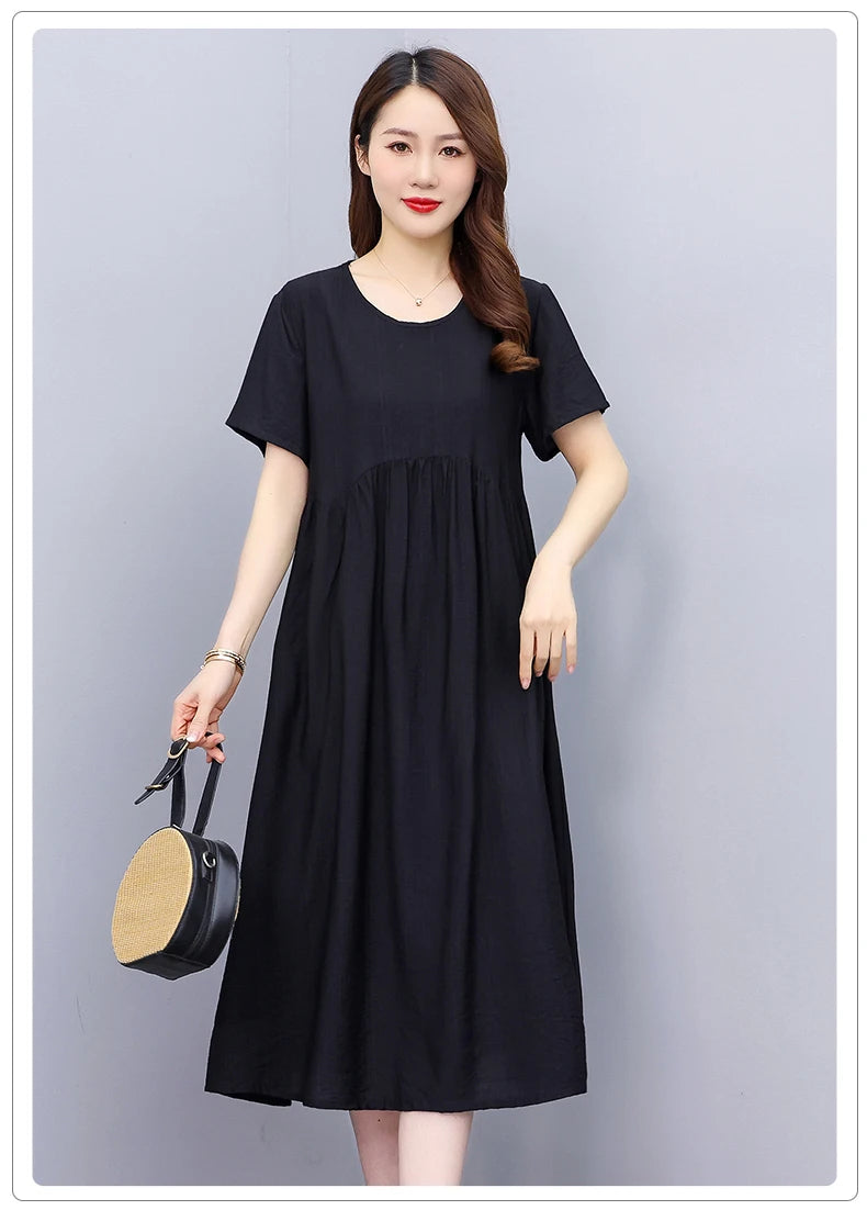 Vintage Elegant Short Sleeve Solid Women Dress O-Neck Dresses