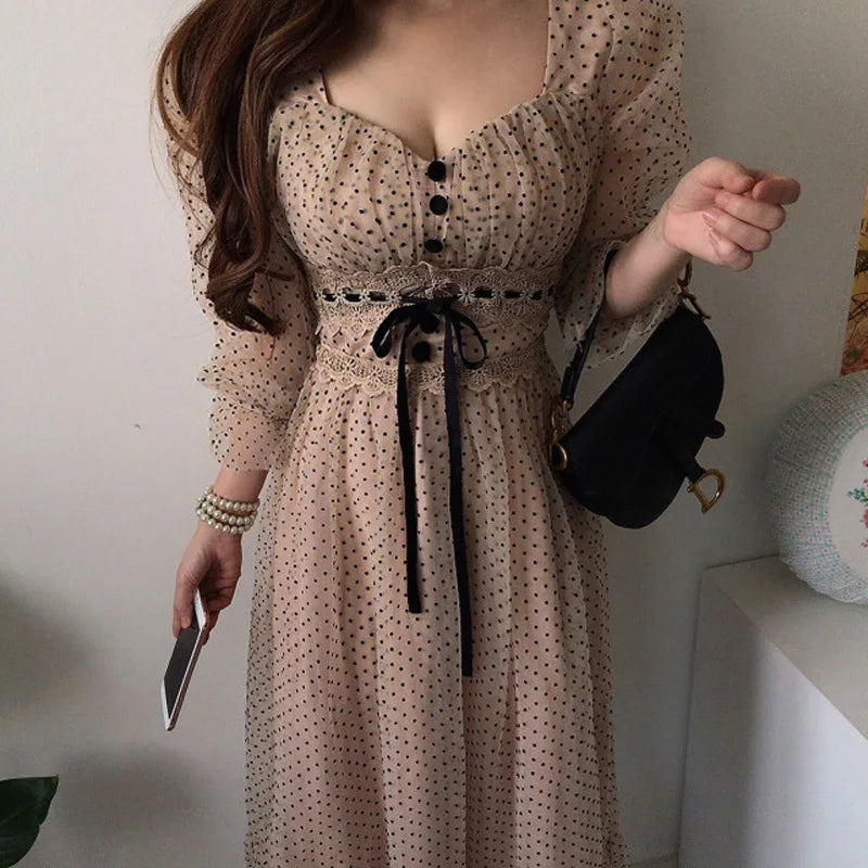 Vintage Dress Elegant Square Neck High