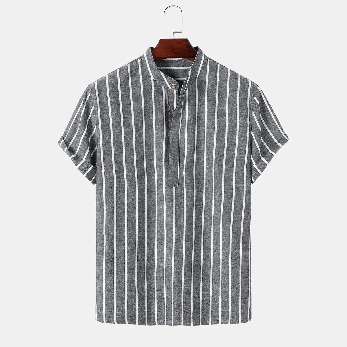 Men Fashion Striped Shirt Short Sleeve Casual Linen Shirts