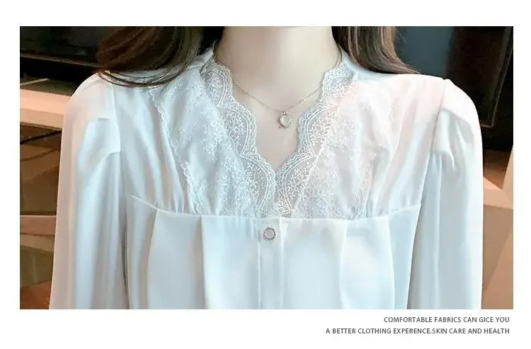 White Chiffon Blouse Spring New V-Neck Lace