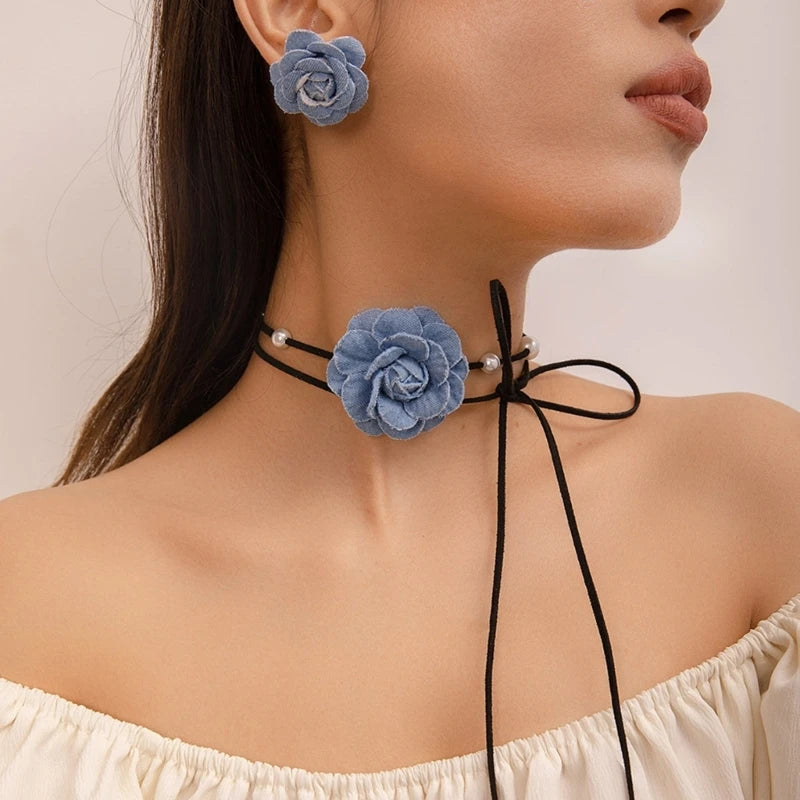 Lace-up Rope Chain Necklace Blue Fabric Flower Choker Necklace Earrings Set