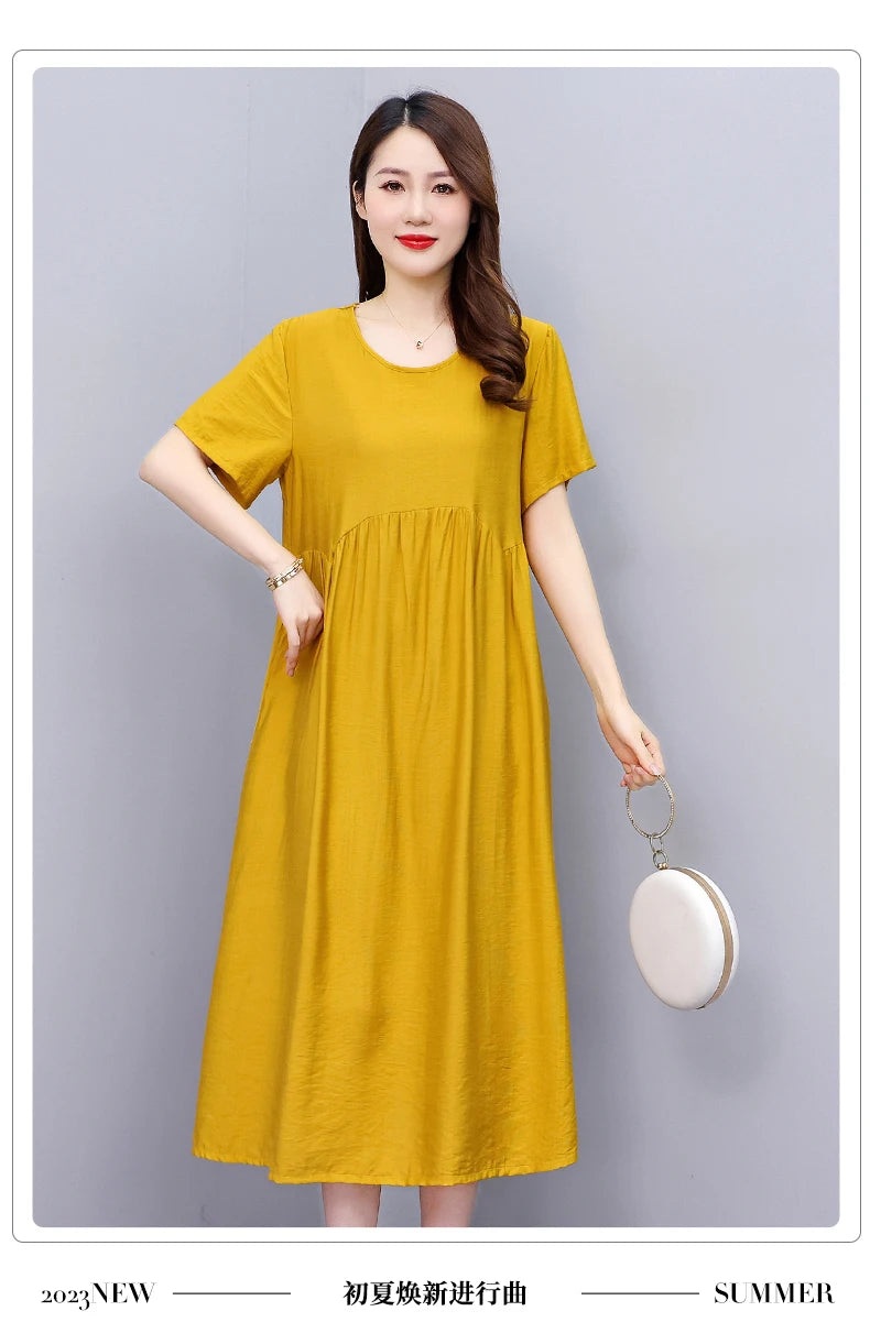 Vintage Elegant Short Sleeve Solid Women Dress O-Neck Dresses
