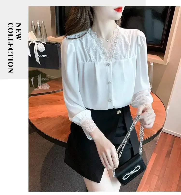 White Chiffon Blouse Spring New V-Neck Lace