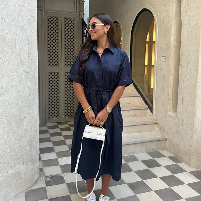 Lace Up Dress Single-Breasted Turn-Down Collar Short Sleeve