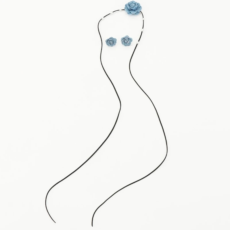 Lace-up Rope Chain Necklace Blue Fabric Flower Choker Necklace Earrings Set