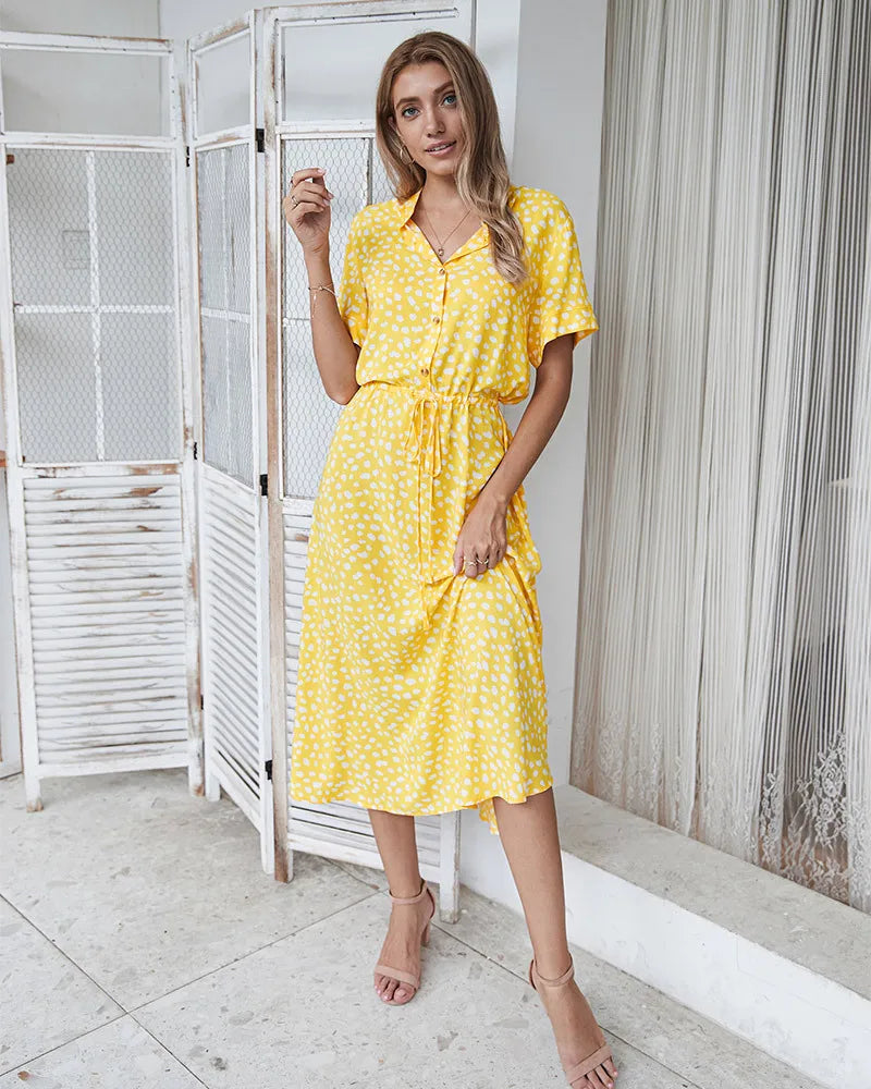 Vintage Floral Print Dress Boho Short Sleeve Long Dress Turn Down