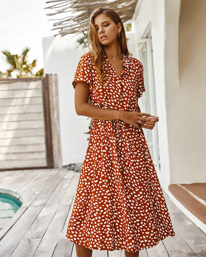 Vintage Floral Print Dress Boho Short Sleeve Long Dress Turn Down
