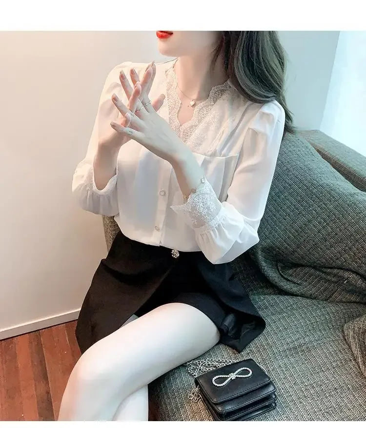 White Chiffon Blouse Spring New V-Neck Lace
