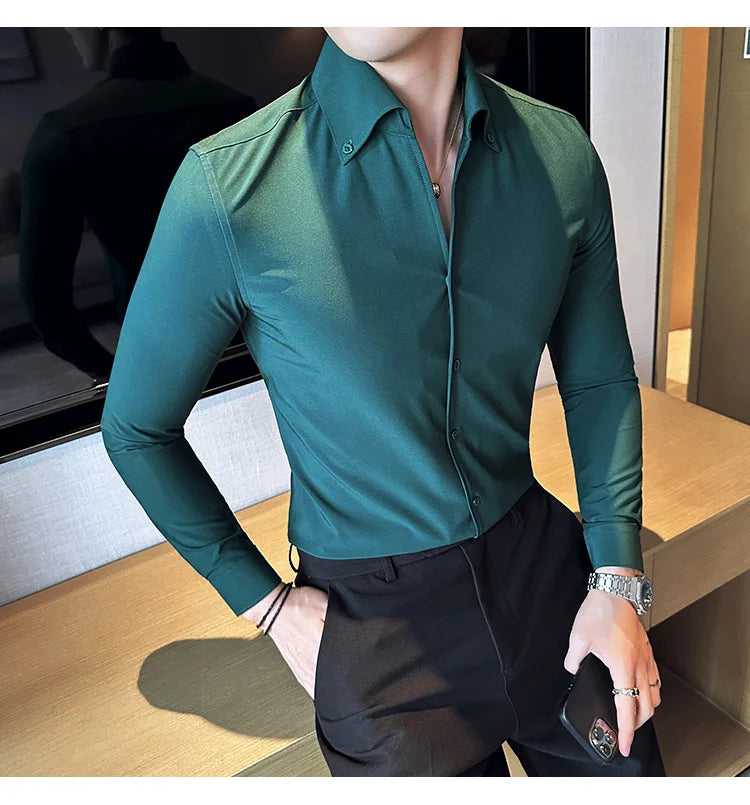 Men Dress Shirt 2025 Autumn British Style Solid Casual Slim Fit