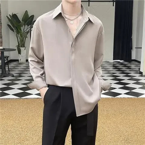 Men's Clothing Gray Chiffon Shirt Spring Fall Korean Style Loose Fit