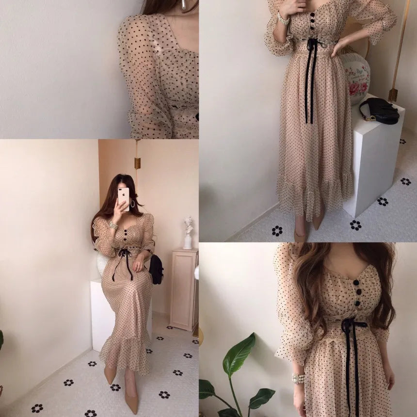 Vintage Dress Elegant Square Neck High