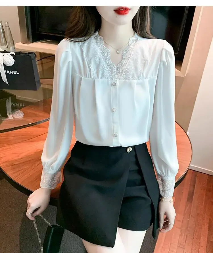 White Chiffon Blouse Spring New V-Neck Lace