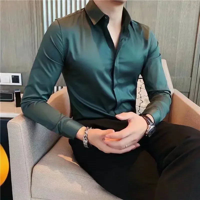 Men's Shirt And Blouse Business Green Long Sleeve Male Top Plain