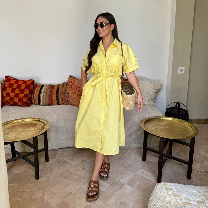 Lace Up Dress Single-Breasted Turn-Down Collar Short Sleeve