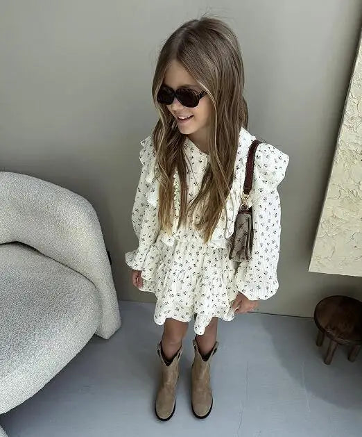 Girl's Dress Autumn Floral Lace Shirt+Cake Skirt Two-piece Set