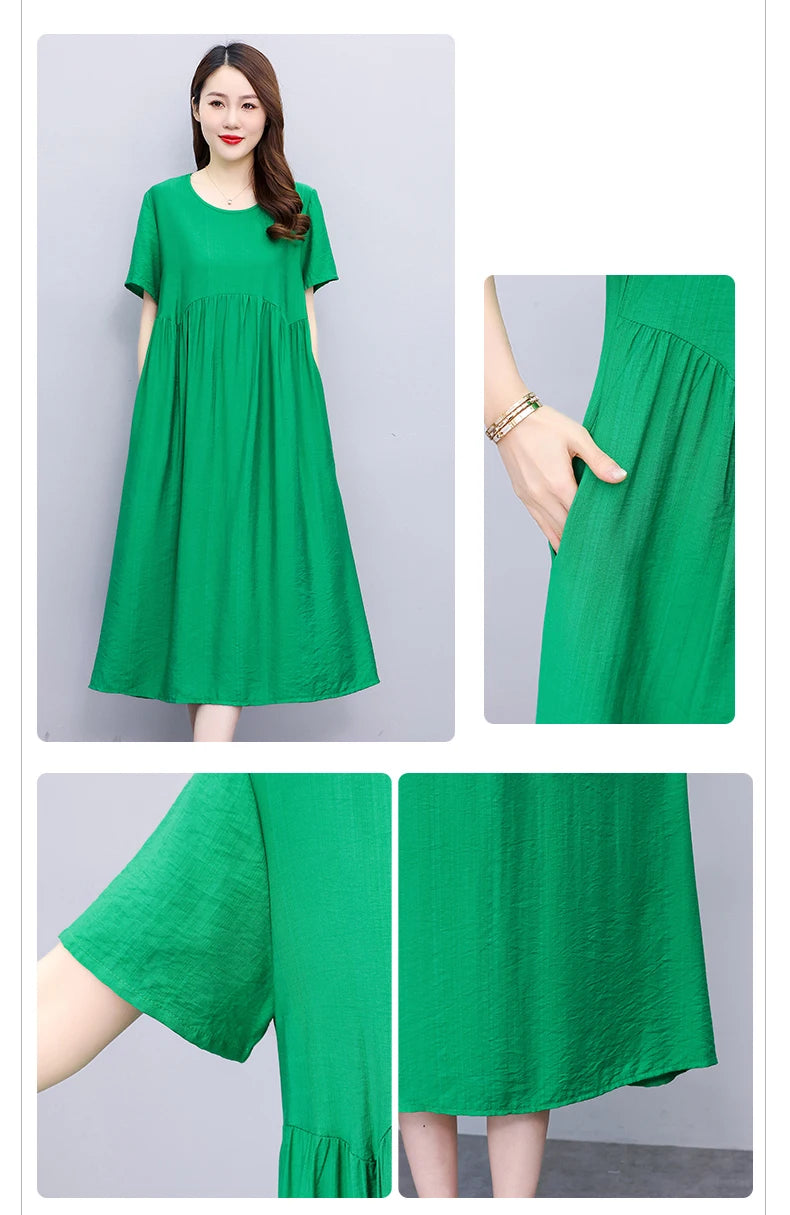 Vintage Elegant Short Sleeve Solid Women Dress O-Neck Dresses