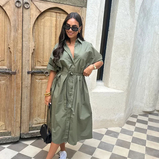 Lace Up Dress Single-Breasted Turn-Down Collar Short Sleeve